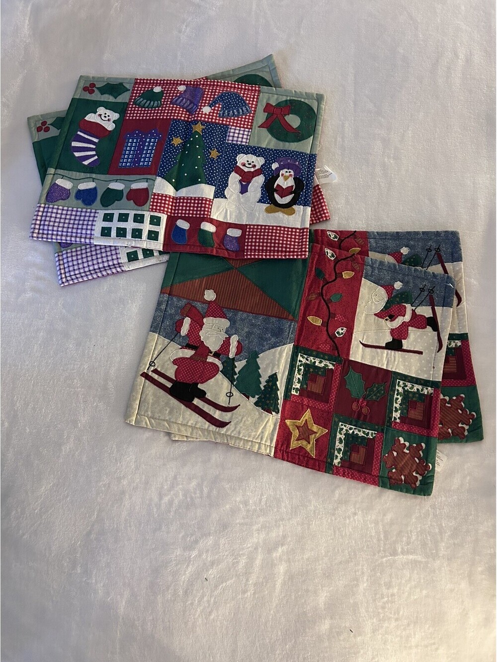 Christmas Place Mats Set of 4 Quilted Patch Work Santa, Bear & Penguin Applique
